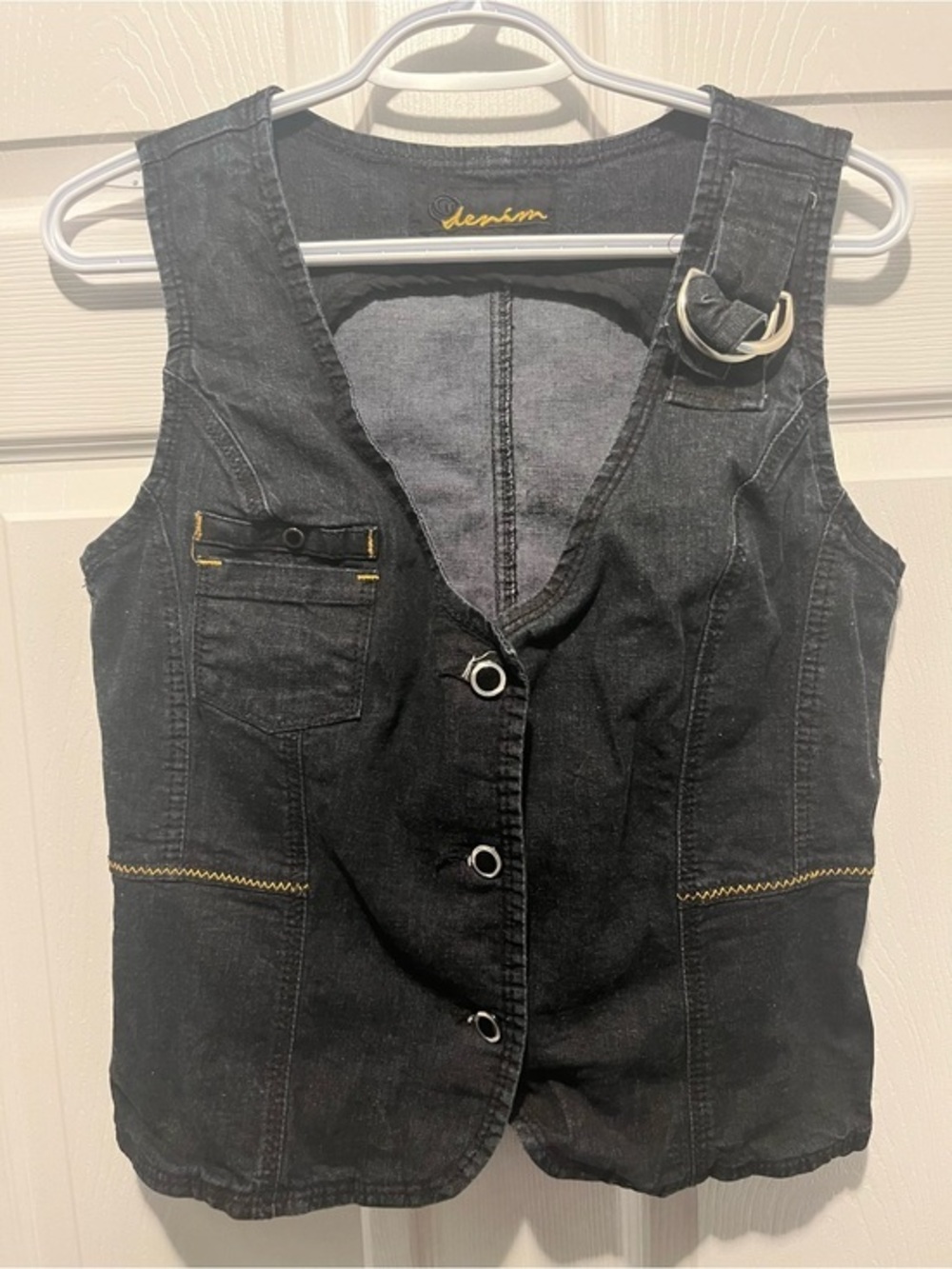 Y2K G Denim Top Vest Denim Blazer V-Neck Medium Women Sleeveless Belt Buttons